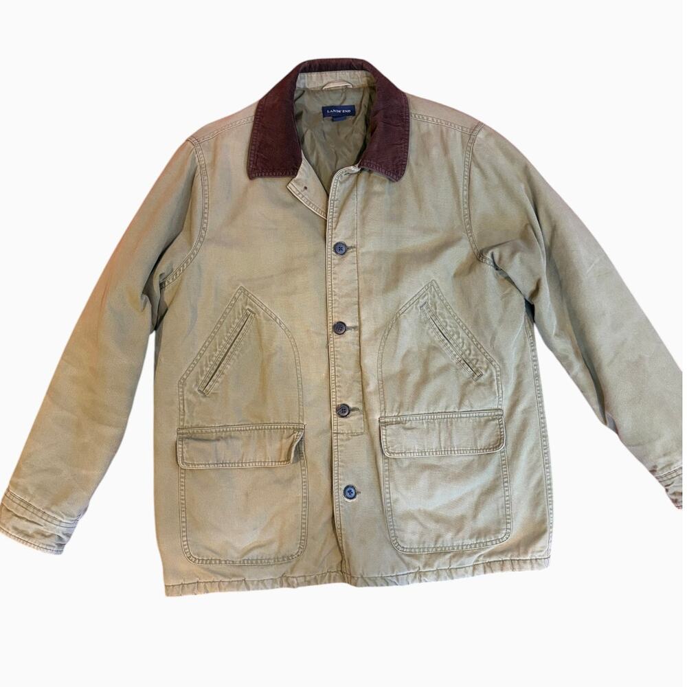 Lands' End Mens Vintage 90s Canvas Chore Barn Jacket LARGE Khaki Corduroy Collar